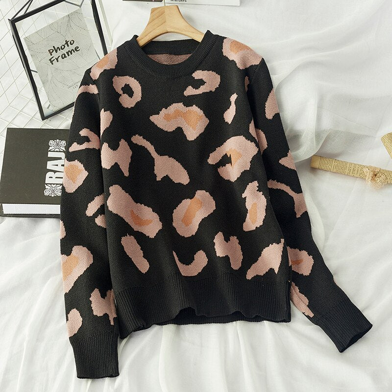 Beautiful Pink Leopard Short Pullover and Sweater Women 2020 Fall Winter Korean Elastic Knitted Jumper Female Knitwear