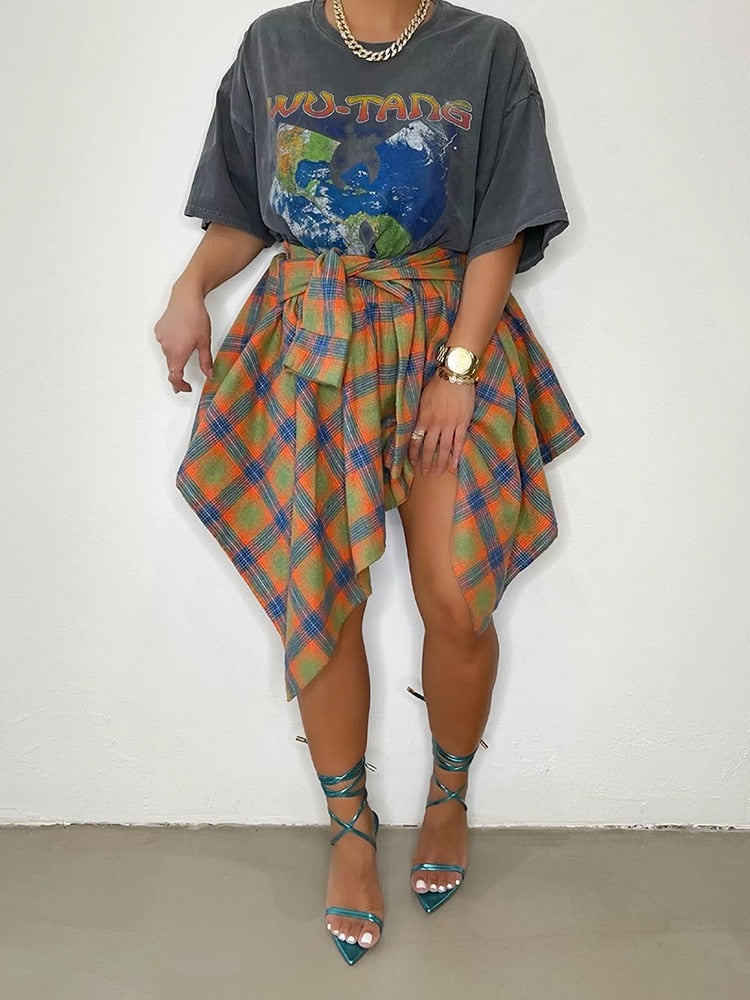 Plaid Checkered Tie Dye Patchwork Pleated Skirt Women Vintage High Waist Ruched Maxi Skirt Summer Female Floor Length Skirts