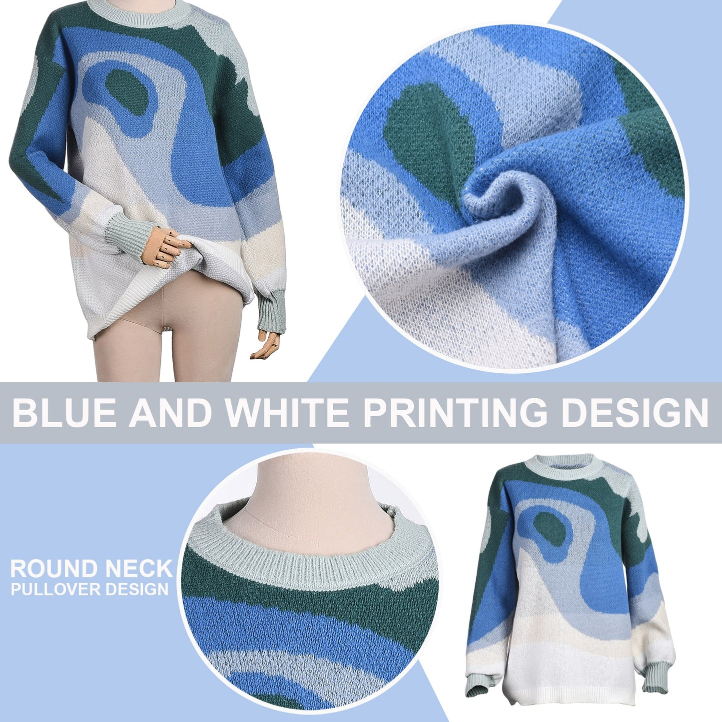 YiYiMiYu Preppy Style Knit Women Pullover Sweater Autumn New Design Blue White Printed Soft Loose Tops Lady Long Sleeve Sweaters