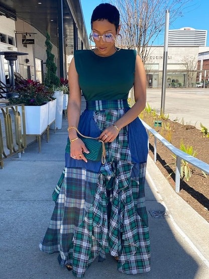 Plaid Checkered Tie Dye Patchwork Pleated Skirt Women Vintage High Waist Ruched Maxi Skirt Summer Female Floor Length Skirts