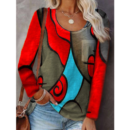 Women's Casual Long-sleeved T-shirt Plus Size Color Matching Blouse Women