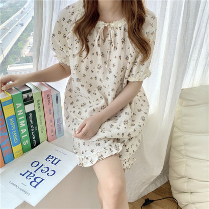 Women Sweet Lace Floral Short Sleeve Pajamas