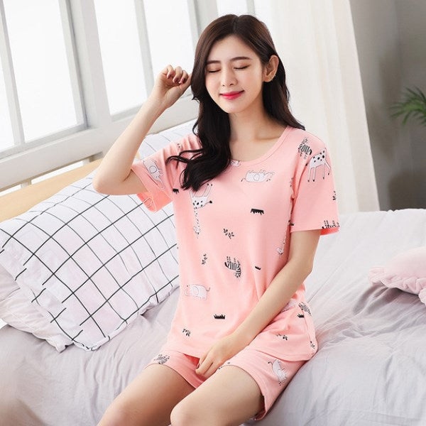 Women Pajamas Set Thin Short Sleeve Cute Sleepwear Homewear