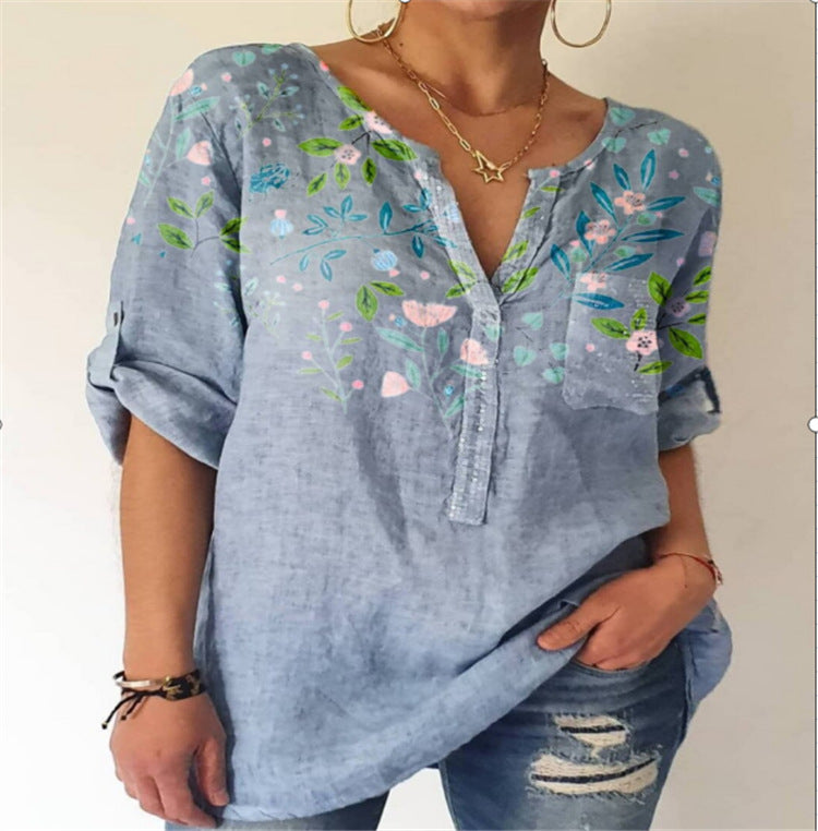 Summer Women's Blouse Loose Printing V-Neck Long-Sleeved Shirt Women