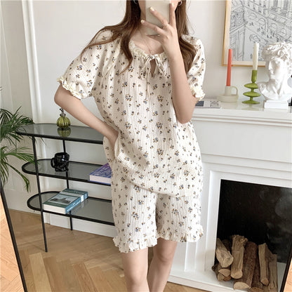 Women Sweet Lace Floral Short Sleeve Pajamas