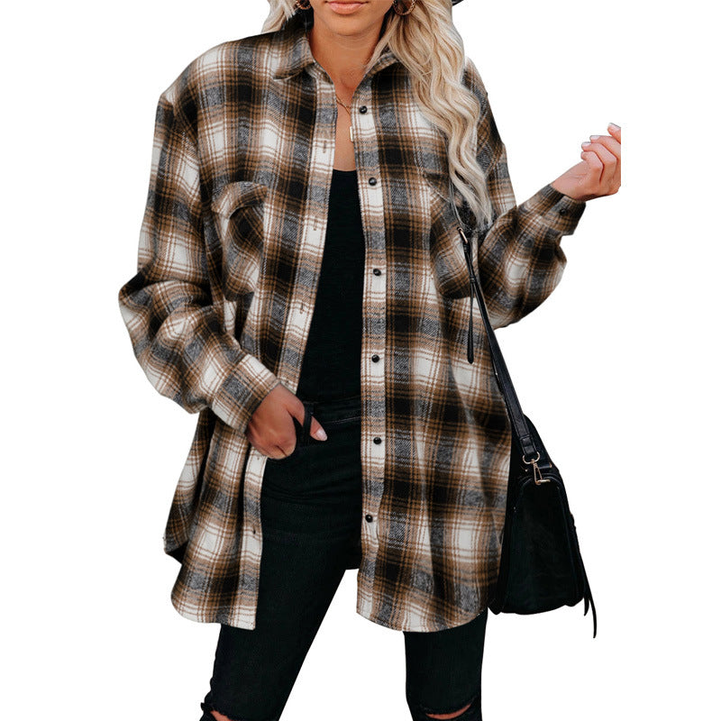 Plaid Shirt Women Spring Mid-length Loose Blouse Turndown Collar Shirt Clothing