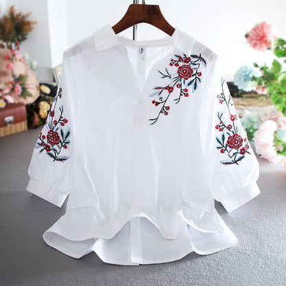 Summer New Ladies Blouse Retro Literature And Art Embroidery Lapel Lantern Sleeve Shirt Women