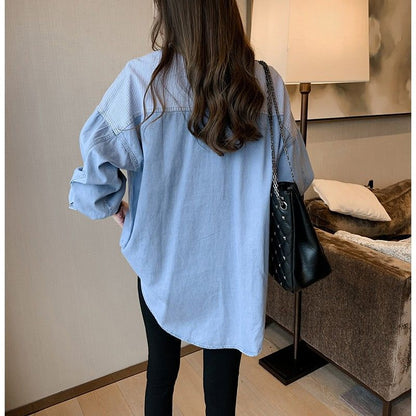 Denim Shirt Women Loose Long-Sleeved Blouse Mid-Length Striped Shirt