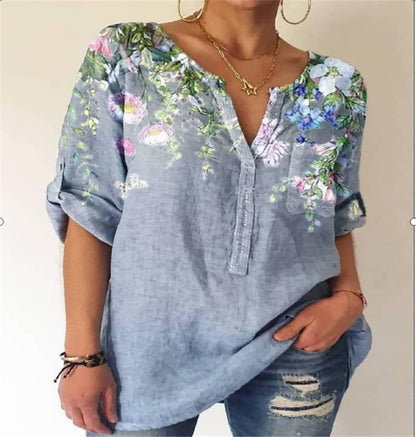 Summer Women's Blouse Loose Printing V-Neck Long-Sleeved Shirt Women