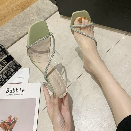 Women Wear Crystal Stiletto Sandals And Slippers