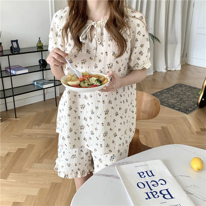 Women Sweet Lace Floral Short Sleeve Pajamas