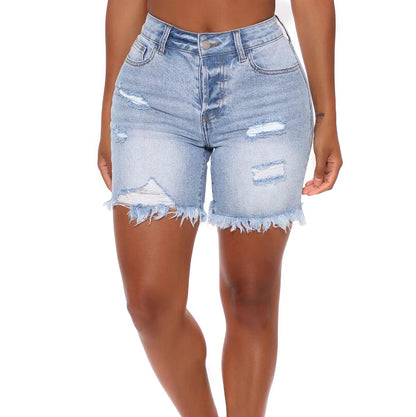 Fashion Ripped Fringed High Stretch Denim Shorts Women