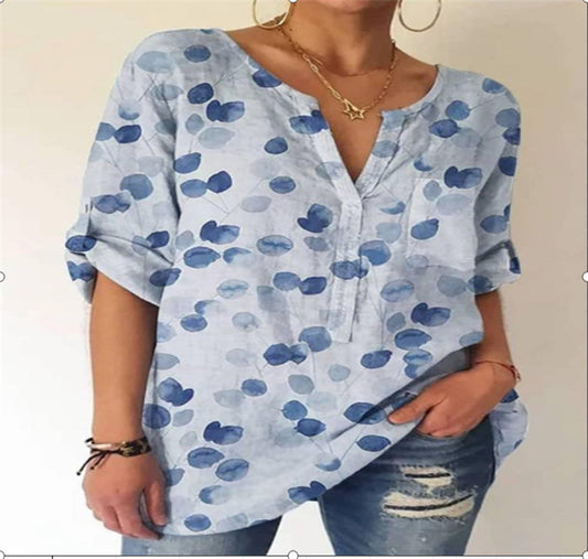 Summer Women's Blouse Loose Printing V-Neck Long-Sleeved Shirt Women