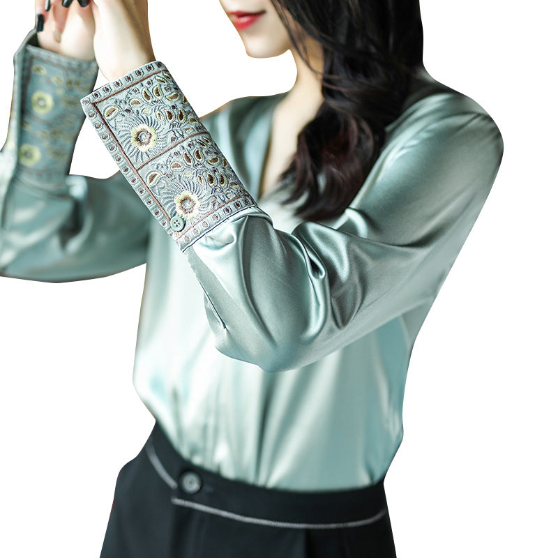 Satin Heavy Silk Shirt Women Long-sleeved Silk Blouse Women Autumn Fashion Western Style Shirt