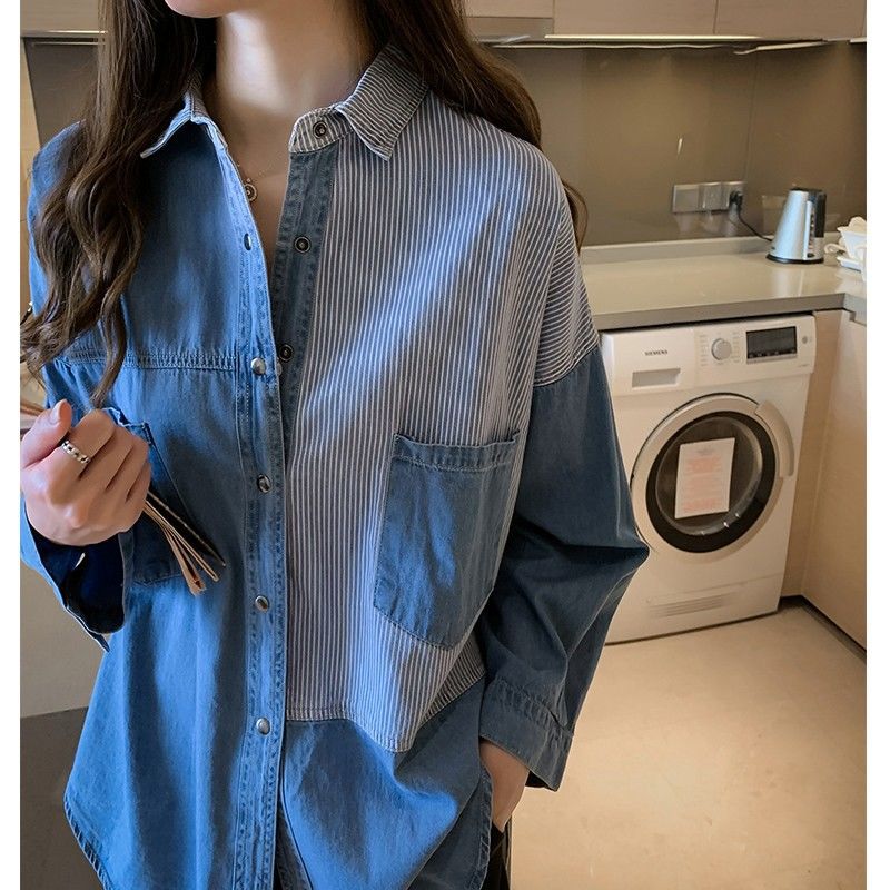 Denim Shirt Women Loose Long-Sleeved Blouse Mid-Length Striped Shirt