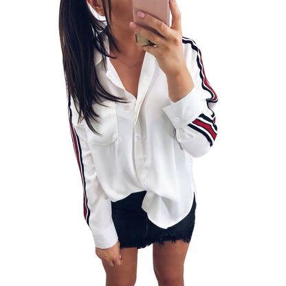 Blouse Women Casual White Stripe Long Sleeve Botton Shirt