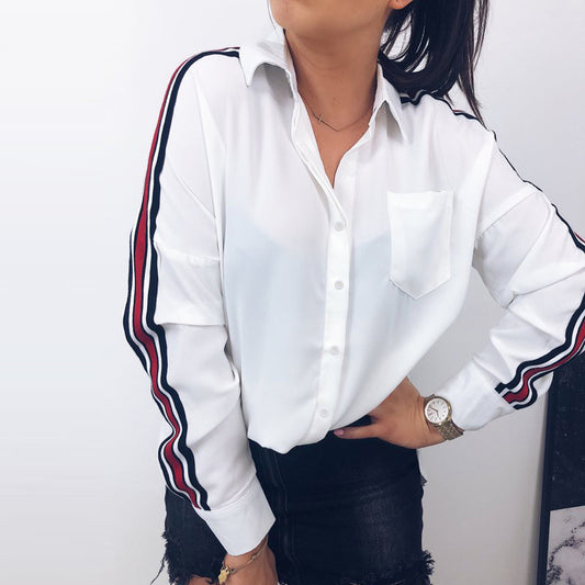 Blouse Women Casual White Stripe Long Sleeve Botton Shirt