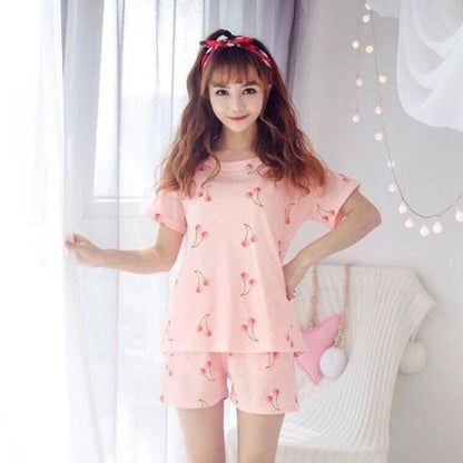 Women Pajamas Set Thin Short Sleeve Cute Sleepwear Homewear